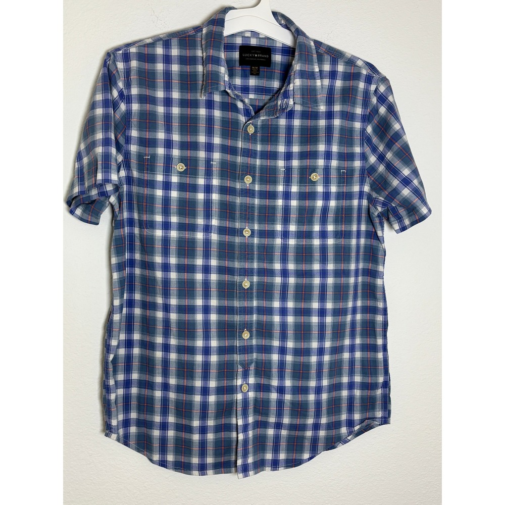 Lucky Brand Mens Medium Blue Plaid Short Sleeve Button Down Shirt Dual Pockets